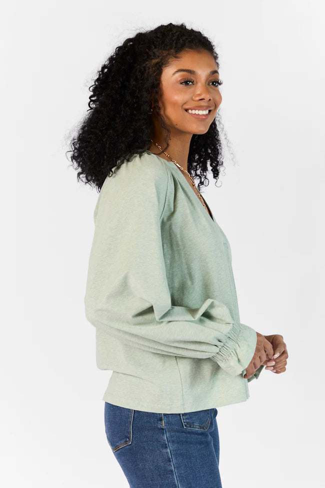 Simply You Sage Knit Notched Neck Long Sleeve Blouse