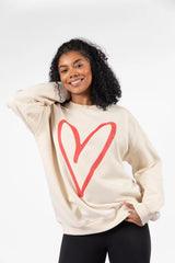 Red Heart Sketch Cream Oversized Graphic Sweatshirt