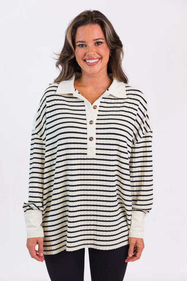 This Is The Life Black Striped Collared Henley Oversized Knit Top