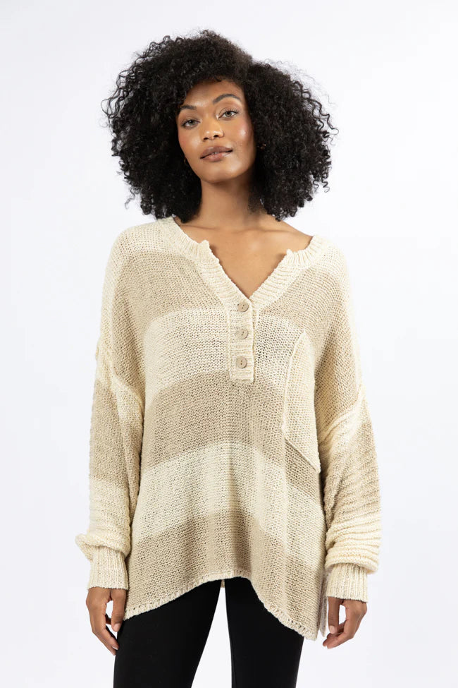 Know You Best Beige Oversized Striped Henley Sweater