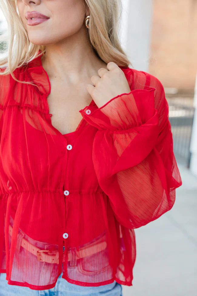 Breathe Deeper Red Sheer Ruched Blouse FINAL SALE