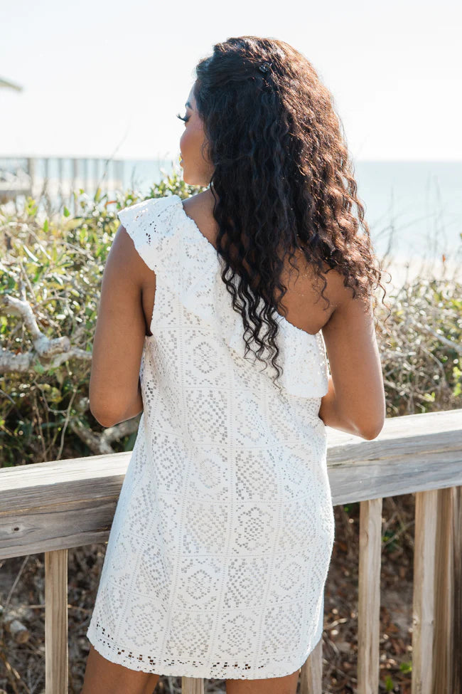 Where Memories Are Made White Crochet One Shoulder Dress SALE