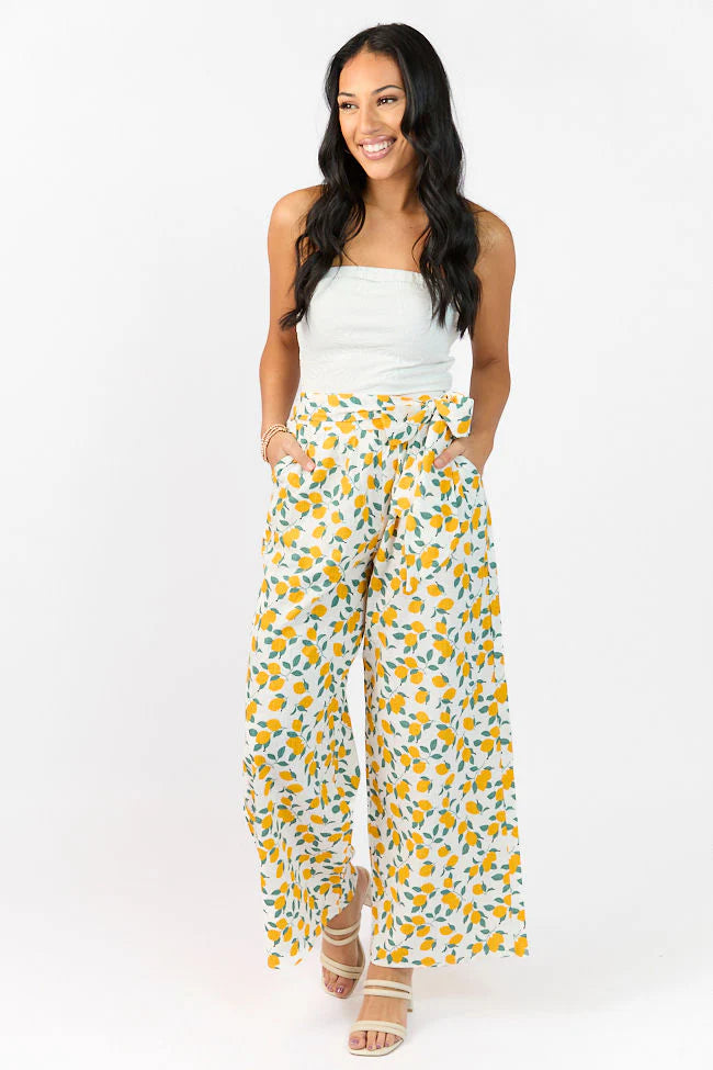 Main Squeeze Ivory Lemon Print Belted Wide Leg Pants