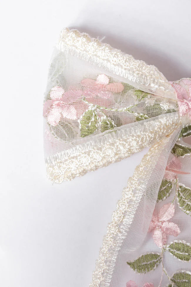 Pink Floral Embroidered Bow