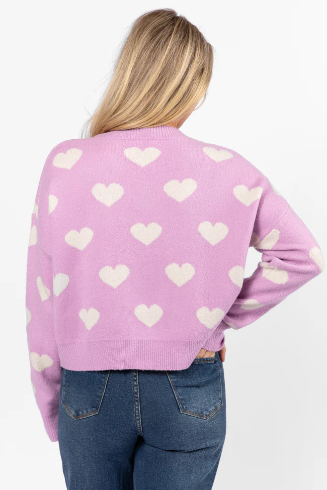 By The Book Lilac Hearts V-Neck Sweater FINAL SALE