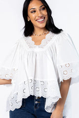 No Regrets Ivory Eyelet Detail Popover Short Sleeve Blouse