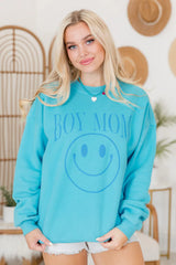 Boy Mom Aqua Blue Oversized Graphic Sweatshirt