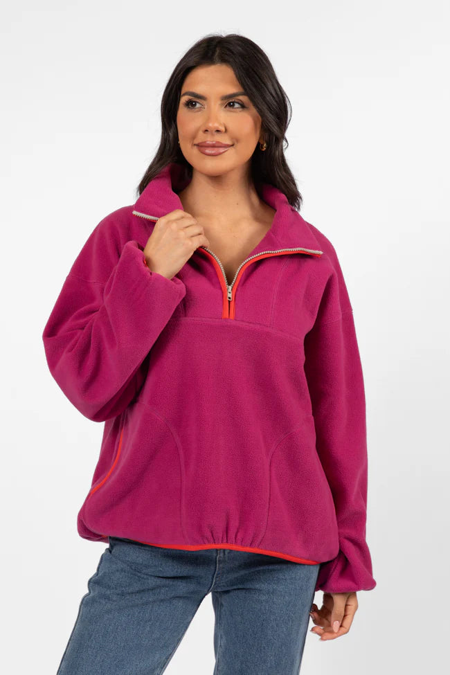 Outside The Box Magenta Contrast Trim Fleece Pullover SALE