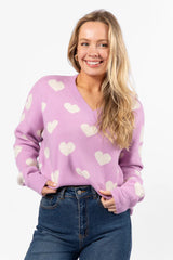 By The Book Lilac Hearts V-Neck Sweater FINAL SALE