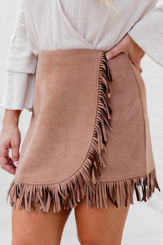 I'll Go First Brown Fringe Hem Suede Mini Skort FINAL SALE