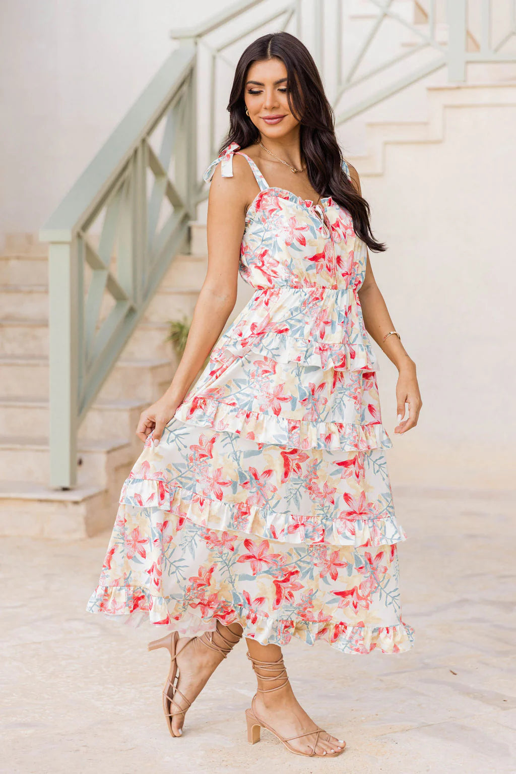 Stay In Paradise Floral Tiered Satin Midi Dress FINAL SALE