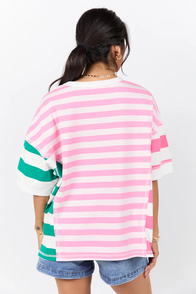 Destined For More Pink and Green Multi Color Block Striped Knit Tee