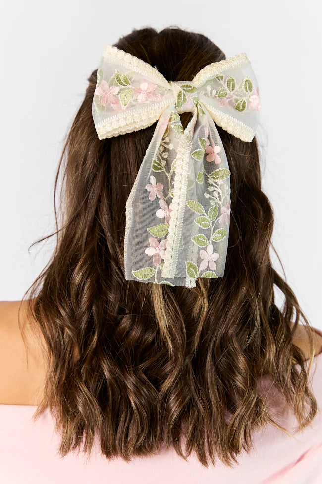 Pink Floral Embroidered Bow