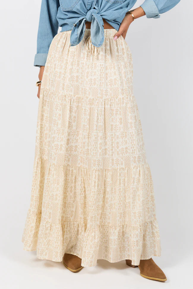 Life Is But A Breeze Ivory and Beige Printed Maxi Skirt