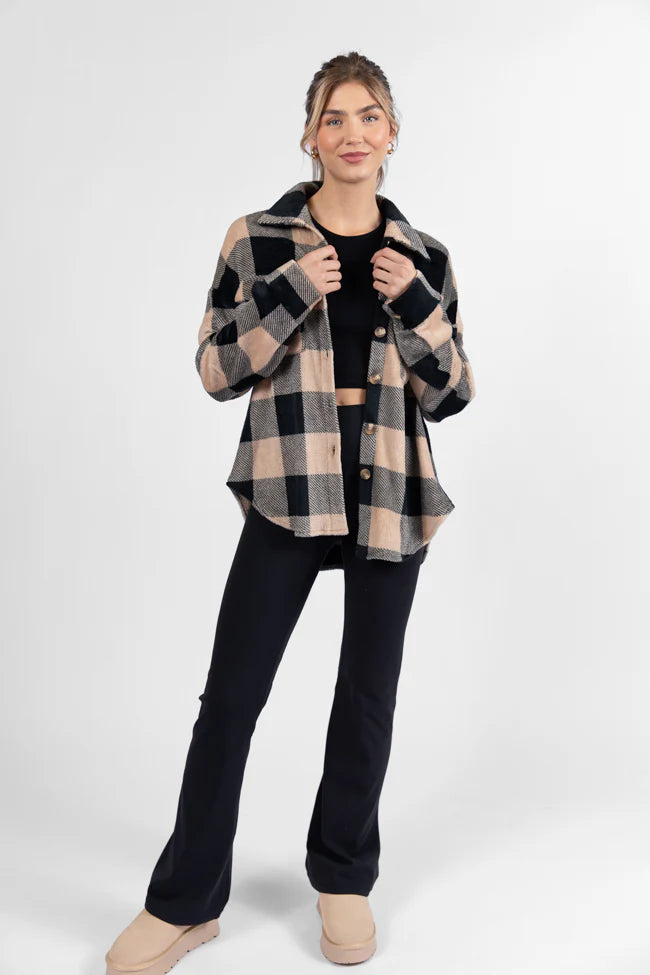 Wind Down Black and Tan Fleece Plaid Shacket