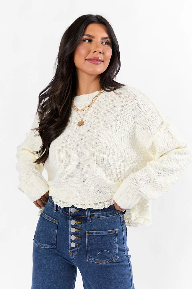 Harp On It Cream Lace Hem Crew Neck Sweater