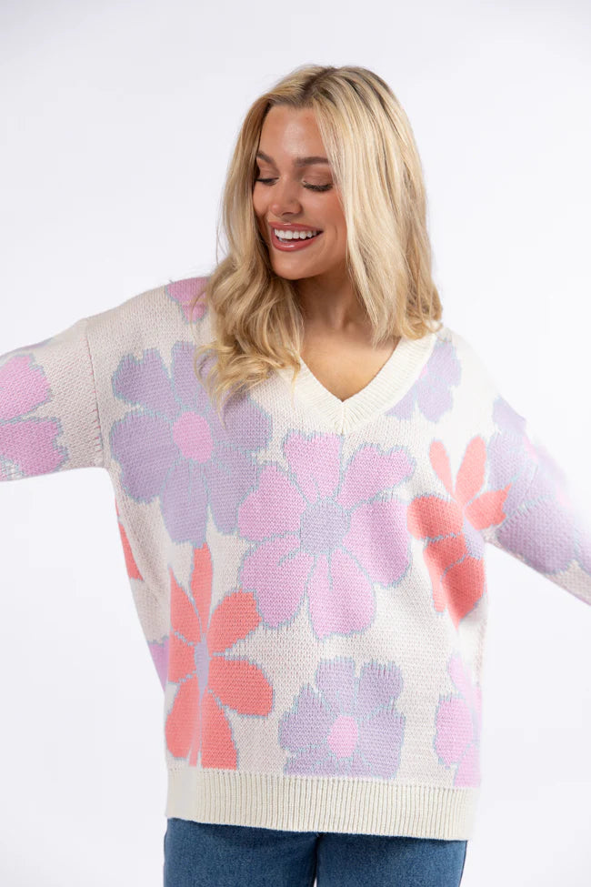 Lively Love Purple and Coral Multi Vneck Floral Print Sweater SALE