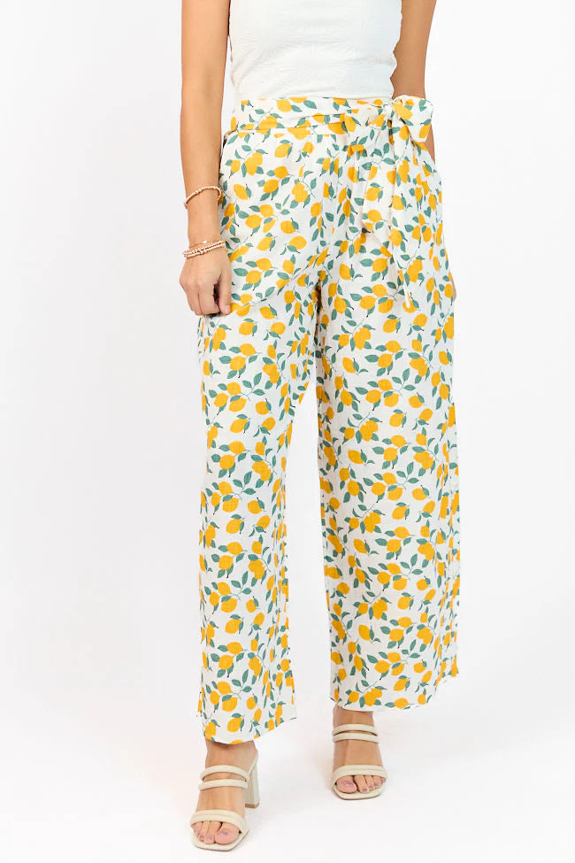 Main Squeeze Ivory Lemon Print Belted Wide Leg Pants