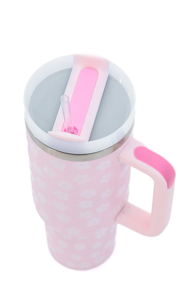 Sippin' Pretty Light Pink Daisy 40 oz Drink Tumbler With Lid And Straw SALE