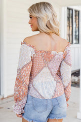 Saddle Up With Me Camel Patch Print Off The Shoulder Blouse FINAL SALE