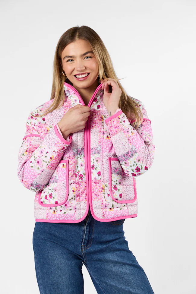 Going For It Floral Printed Zip Up Jacket