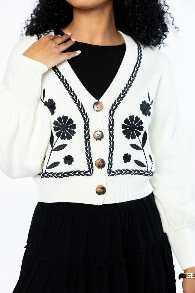 Bloom With Grace Ivory and Black Floral Embroidered Cardigan