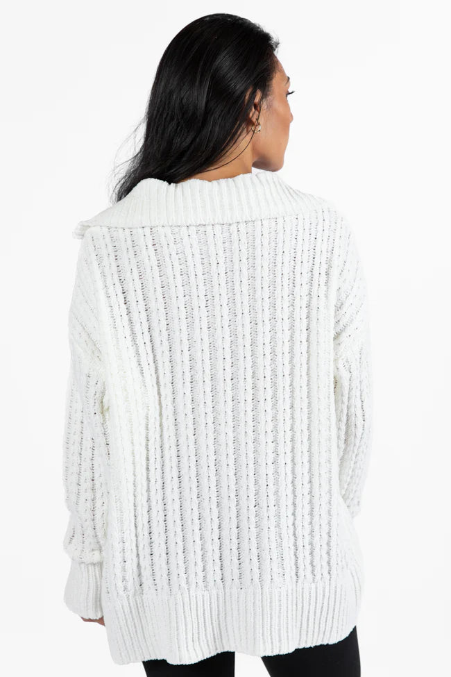 Forever Yours White Cable Knit Chenille Quarter Zip Sweater SALE