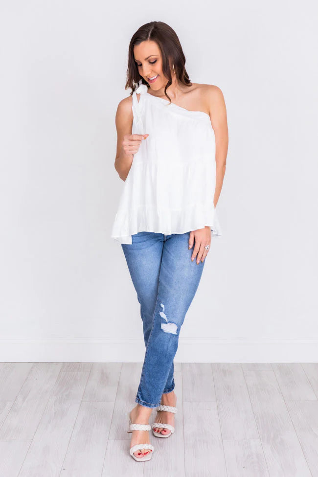 Whisked Away Ivory One Shoulder Tank FINAL SALE