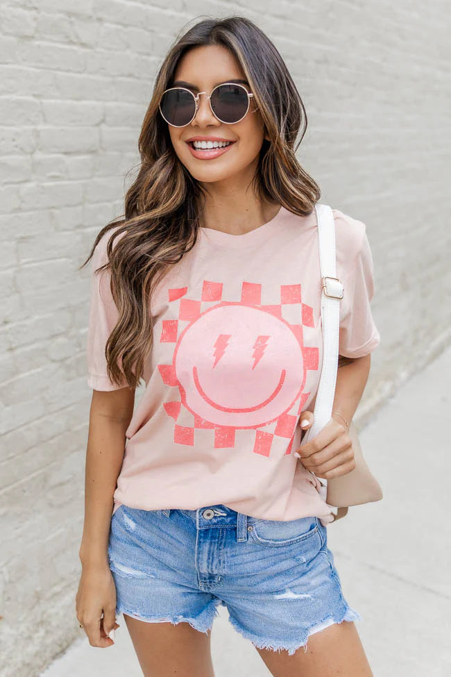 Lightning Bolt Checkered Smiley Peach Graphic Tee