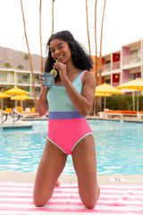 Do Not Disturb Color Block One Piece Pink and Blue Swimsuit SALE