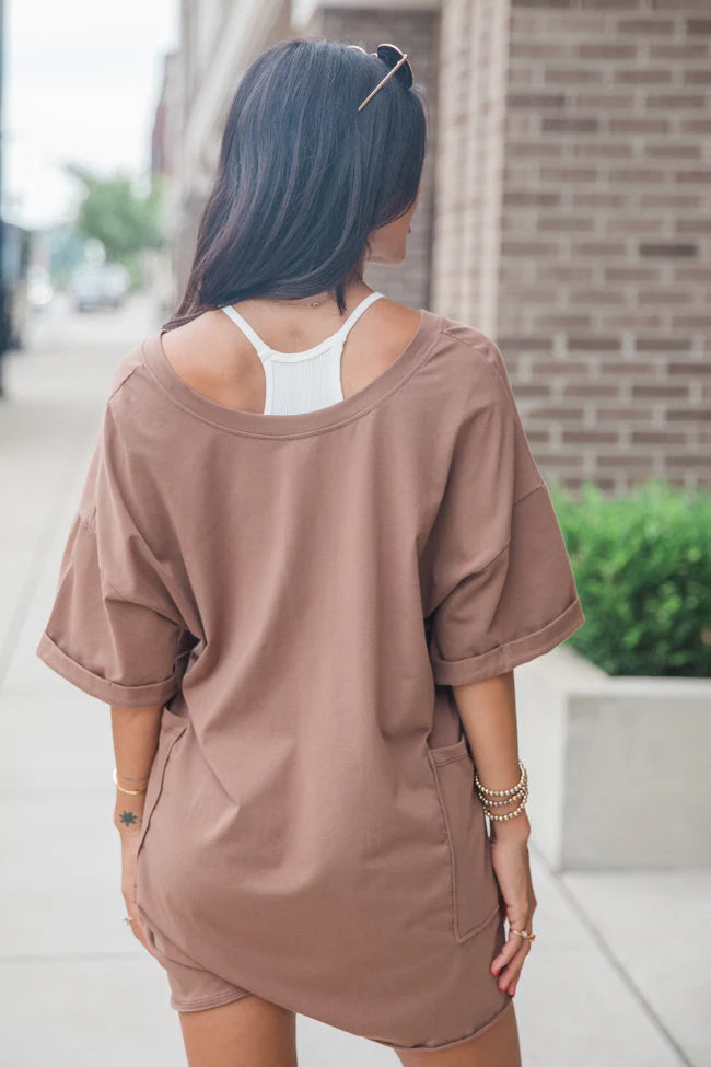 On A Daily Basis Brown Deep V-Neck Pocketed Romper