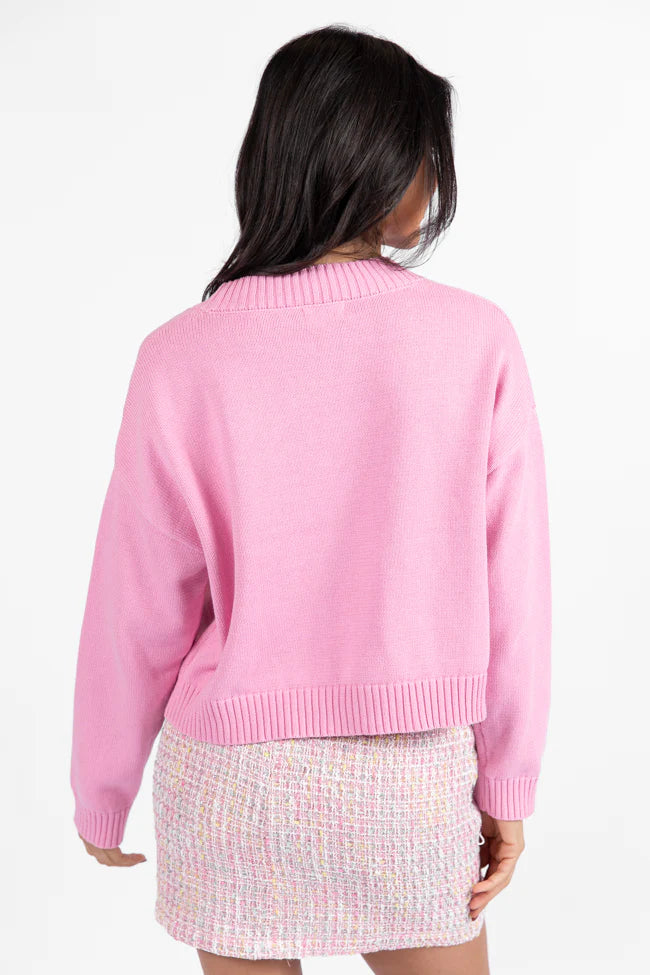 Means To Me Pink Bow Embellished Button Cardigan