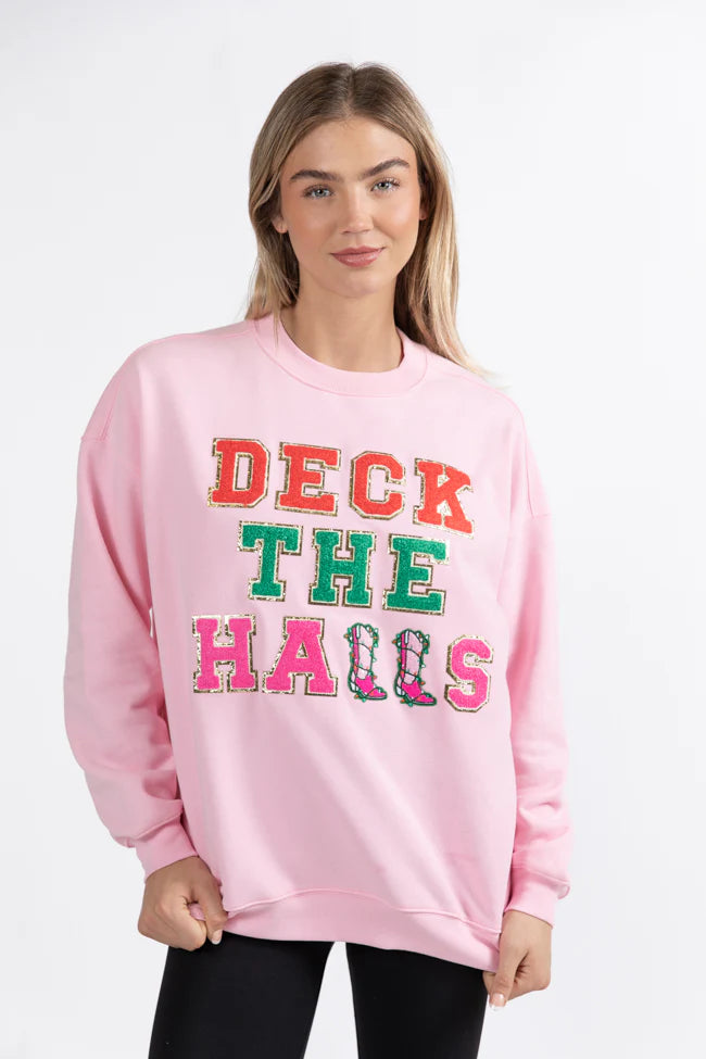 Deck The Halls Chenille Patch Light Pink Oversized Graphic Sweatshirt FINAL SALE