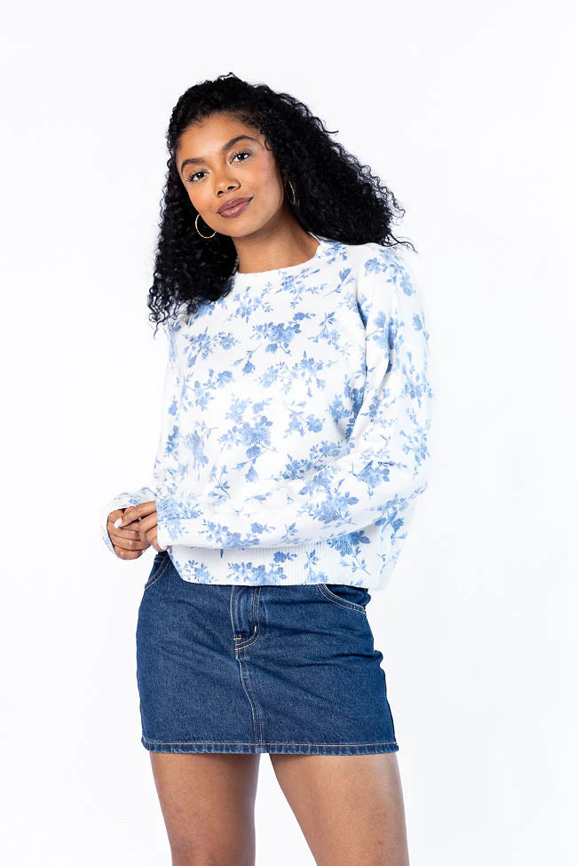 Blooming Love Blue Crew Neck Floral Sweater