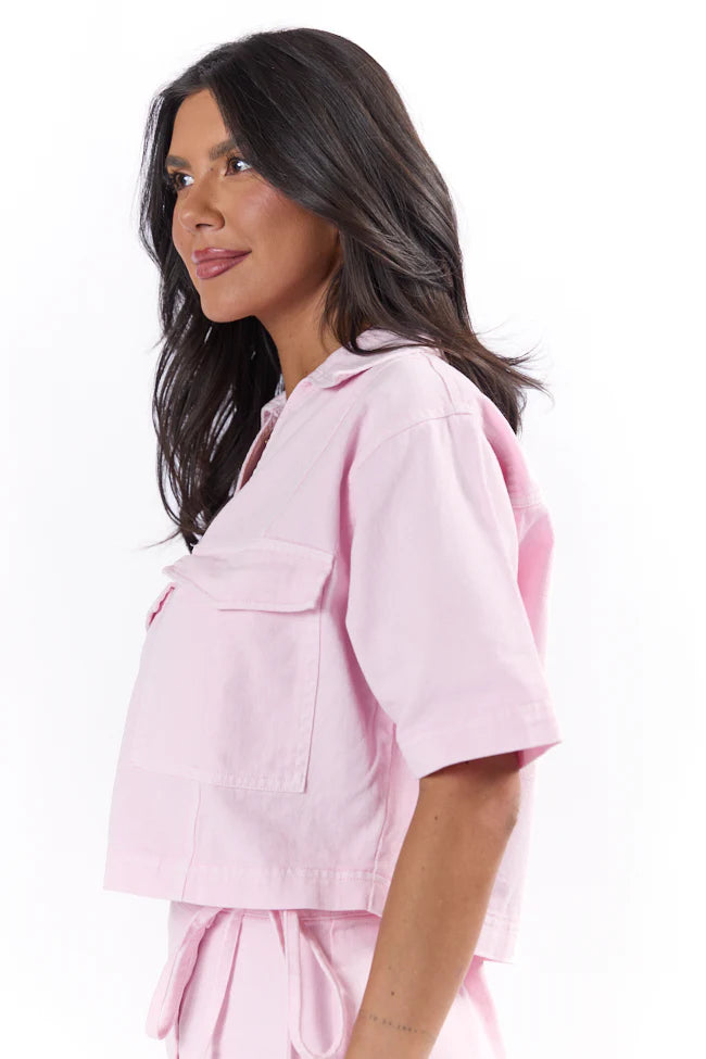 New Ways Soft Pink Cropped Denim Top