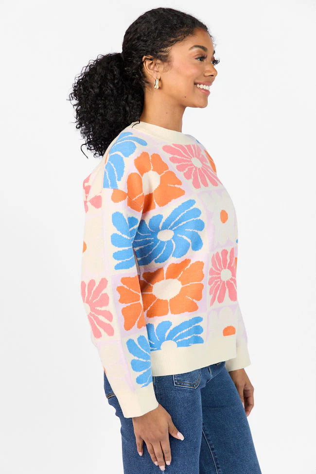 Gracious Gardens Blue Multi Block Floral Sweater