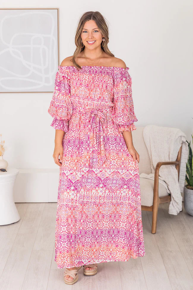 Dynamic Love Pink Printed Off The Shoulder Maxi Dress FINAL SALE