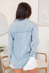 Tell Me Anything Chambray Light Wash Button Front Blouse FINAL SALE