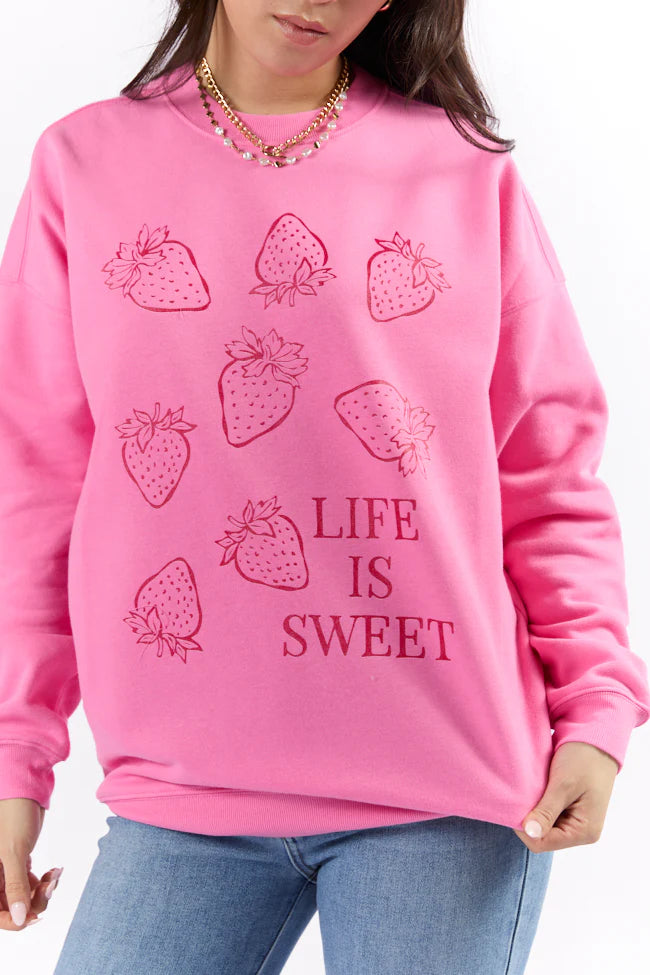 Life Is Sweet Strawberries Pink Oversized Graphic Sweatshirt