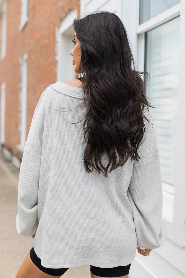 Along The Way Heather Grey Oversized Pocketed Waffle Top