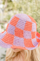 Orange And Pink Checkered Crochet Bucket Hat SALE