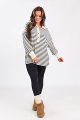 This Is The Life Black Striped Collared Henley Oversized Knit Top