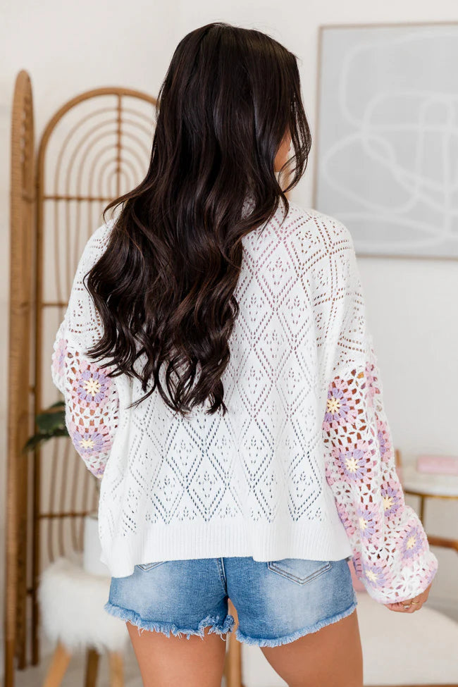 All My Dreams Ivory Multi Crochet Sleeve Cardigan SALE