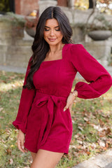 Creating Romance Merlot Corded Belted Long Sleeve Romper FINAL SALE