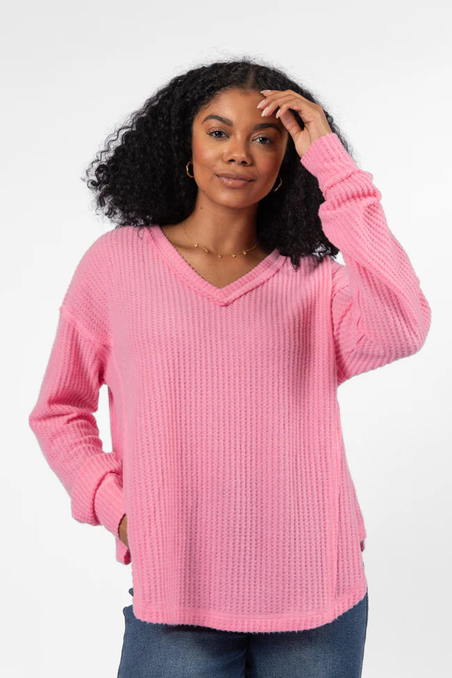 Idle Hands Pink Waffle Knit V-Neck Oversized Knit Top