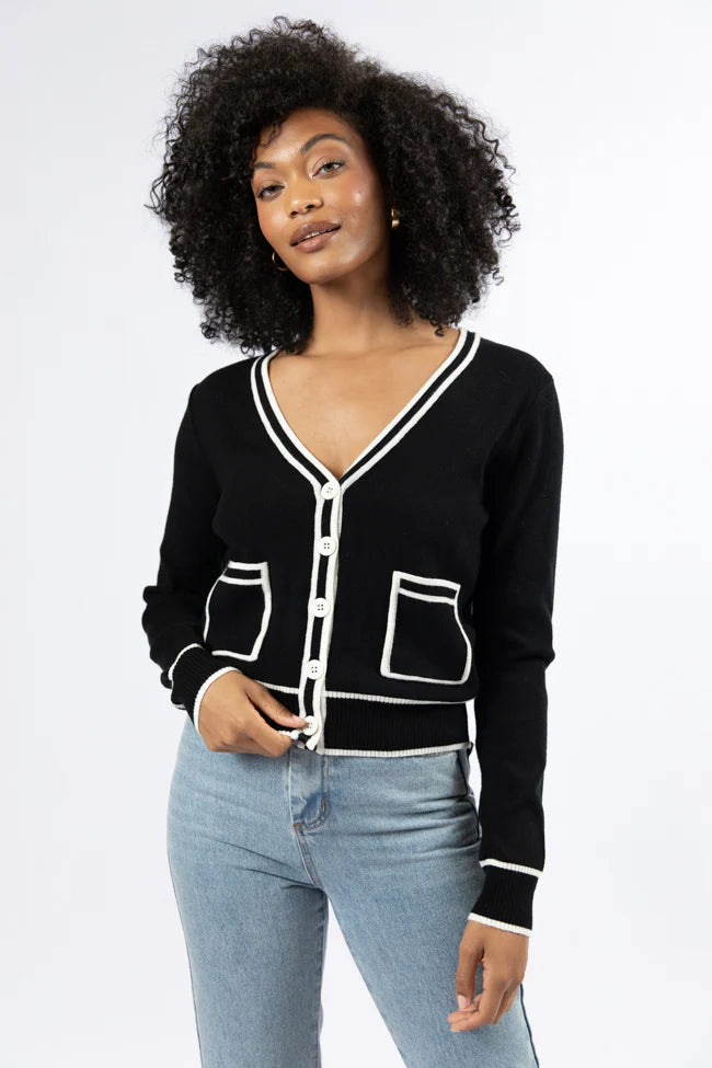 Gives Me Time Black and Ivory Contrast Trim Cardigan