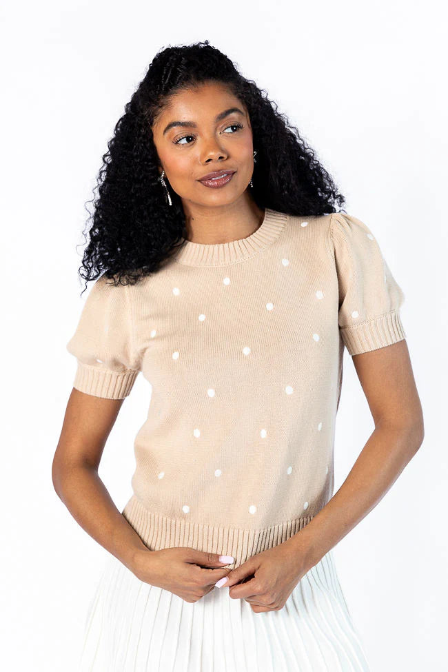 Polka Dot Daydreams Taupe and Ivory Short Sleeve Sweater