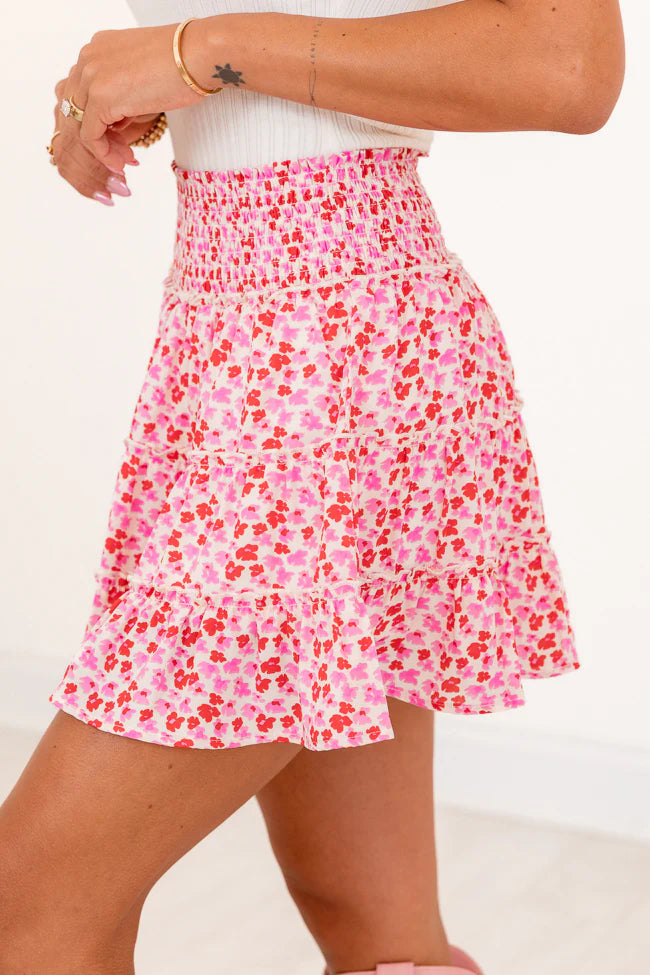 Through The Garden Ivory Pink And Red Floral Mini Skort SALE