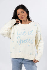 Let It Snow Ivory And Blue Fuzzy Pom Sweater FINAL SALE