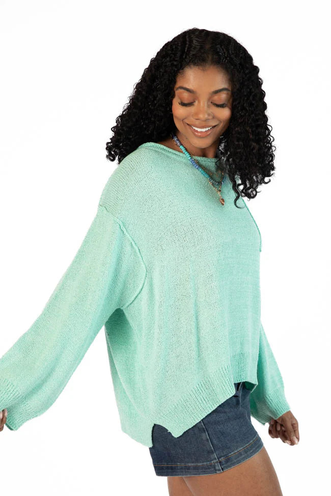 Tell Me Everything Aqua Oversized Pocketed Light Weight Sweater